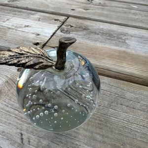 Art glass Apple for home decor with brass leaf accent